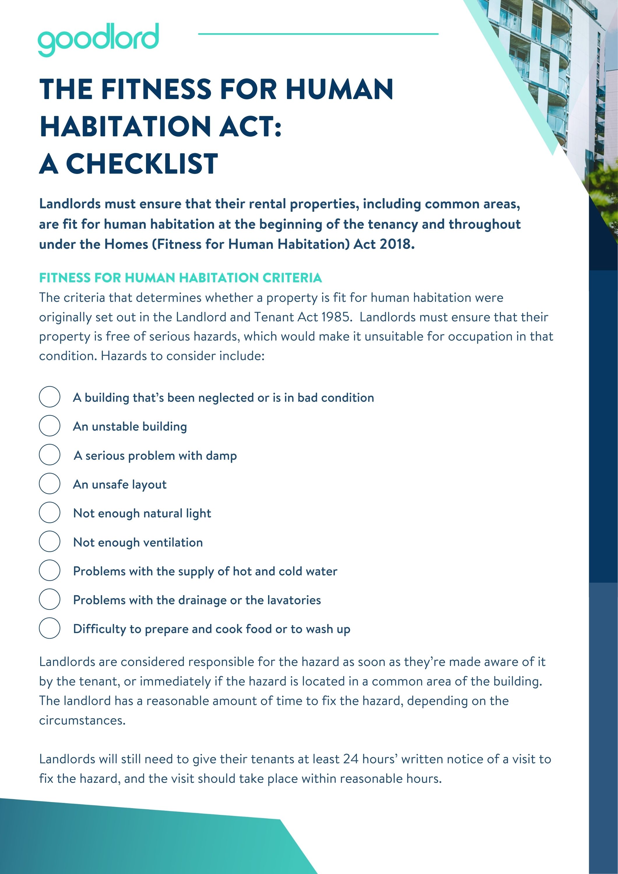 A checklist for landlords' obligations under the Fitness for Human Habitation Act